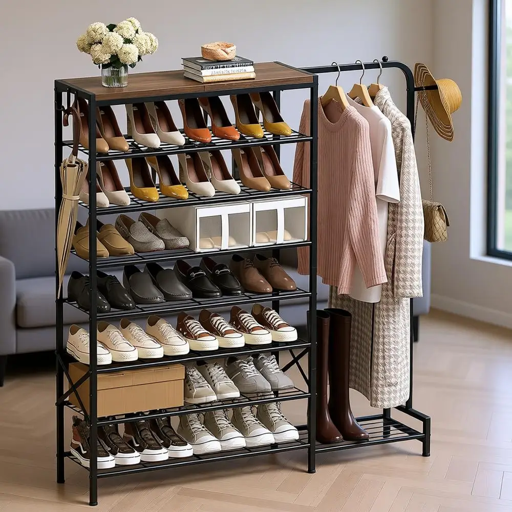 8-Tier Wooden Shoe Rack with Coat Hooks, Rustic Brown and Black, Sturdy Storage Organizer for Entryway or Closet
8-Tier Wooden Shoe Rack with Coat Hooks, Rustic Brown and Black, Sturdy Storage Organizer for Entryway or Closet
