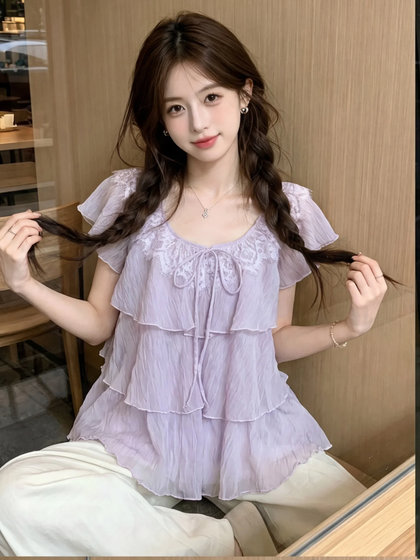 Elegant Purple Women's Chiffon Shirt Lace Splicing Hem Layering Beautiful Summer Top Luxury Loose Fit Short Sleeve Square Neck
Elegant Purple Women's Chiffon Shirt Lace Splicing Hem Layering Beautiful Summer Top Luxury Loose Fit Short Sleeve Square Neck