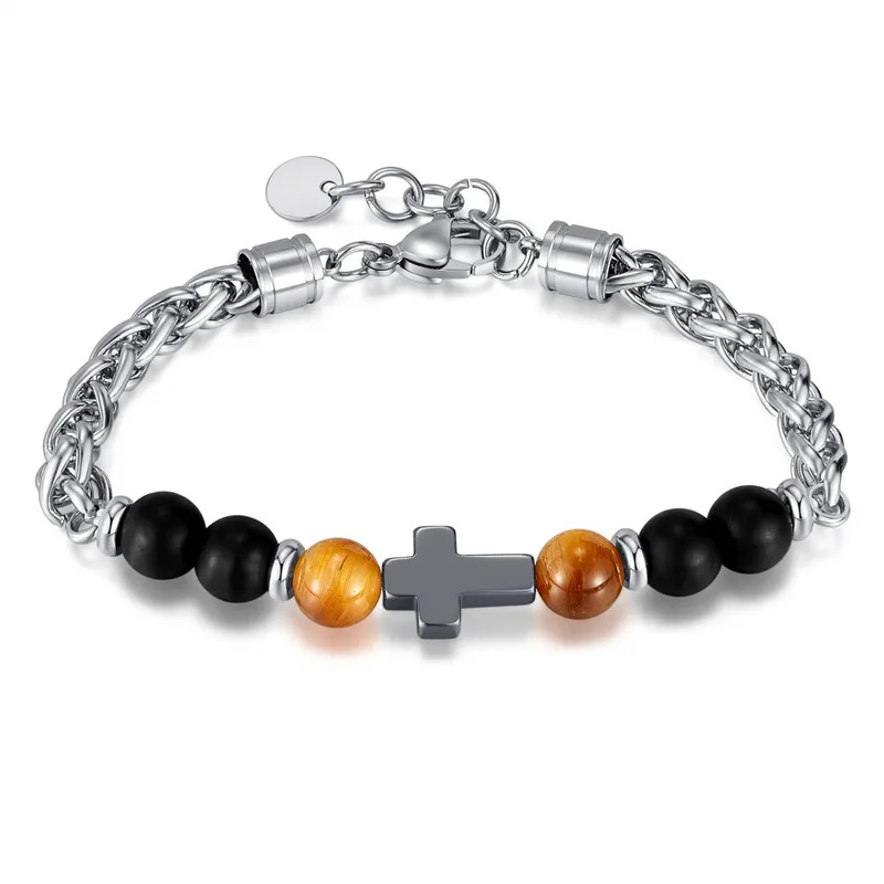Natural Tiger's Eye Stones Black Agate Beads Cross Stainless Steel Chain Bracelets for Men Titanium Cool Accessory Jewelry Gift
Natural Tiger's Eye Stones Black Agate Beads Cross Stainless Steel Chain Bracelets for Men Titanium Cool Accessory Jewelry Gift