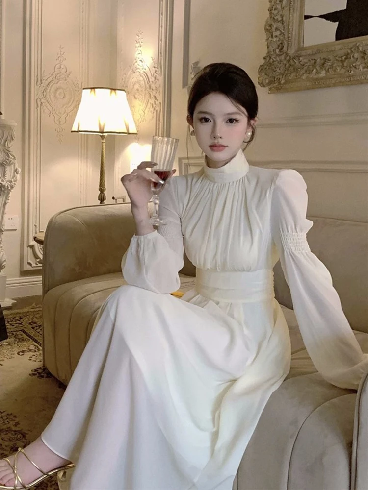Elegant White Long Sleeve Chiffon A-Line Dress Women's Spring New Style High Collar Gentle Wind Skirt Korean Style Commute
Elegant White Long Sleeve Chiffon A-Line Dress Women's Spring New Style High Collar Gentle Wind Skirt Korean Style Commute