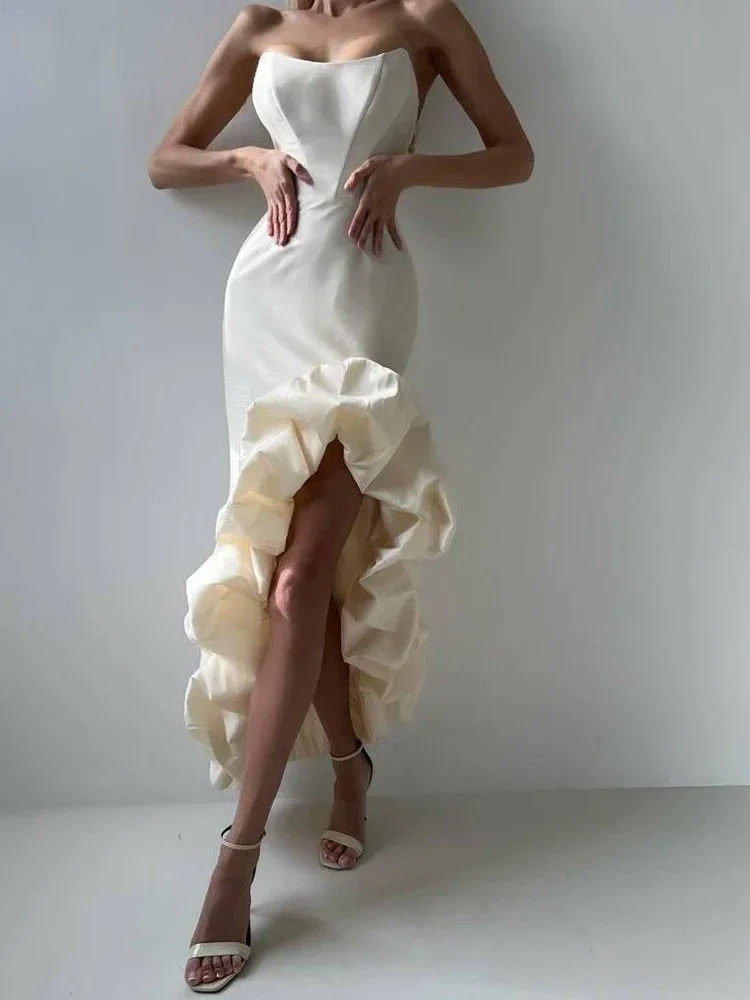 Sexy Strapless Irregular Ruffles Long Bandage Dress Women White Sleeveless Backless Bodycon Dresses Elegant Evening Party Gowns
Sexy Strapless Irregular Ruffles Long Bandage Dress Women White Sleeveless Backless Bodycon Dresses Elegant Evening Party Gowns