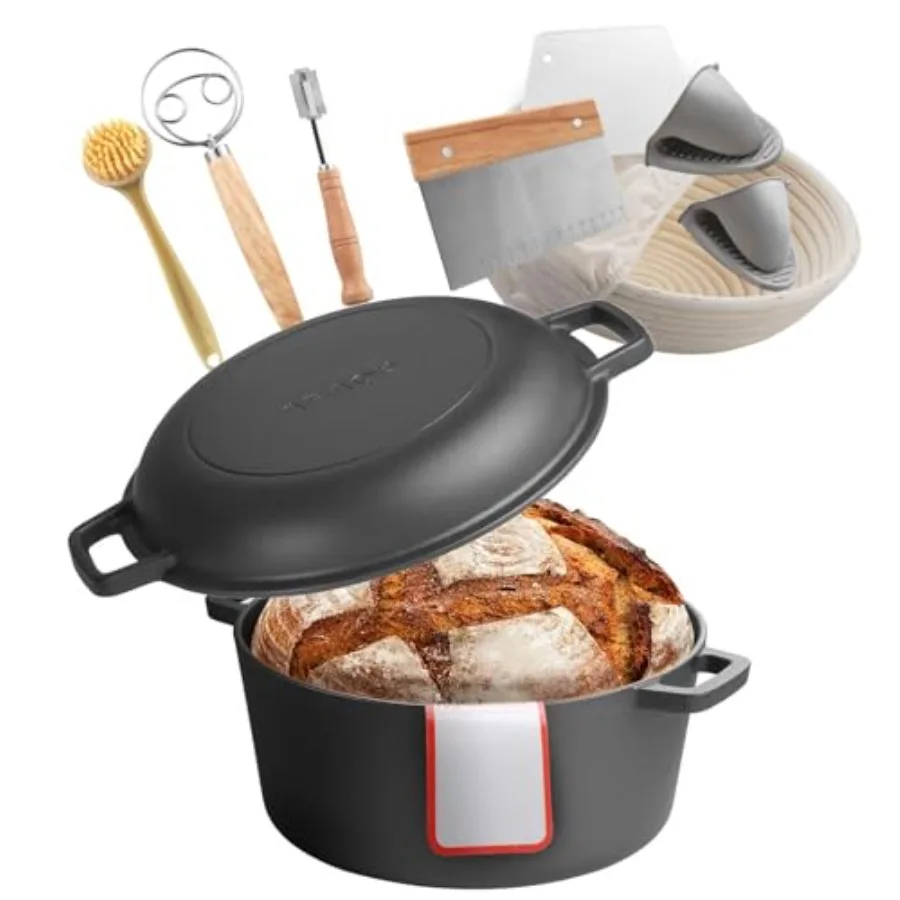 Cast Iron Dutch Oven 2-in-1 Pre-Seasoned Pot with Skillet Lid 5QT Cookware Pan with Proofing Basket Bread Baking Accessories Br
Cast Iron Dutch Oven 2-in-1 Pre-Seasoned Pot with Skillet Lid 5QT Cookware Pan with Proofing Basket Bread Baking Accessories Br