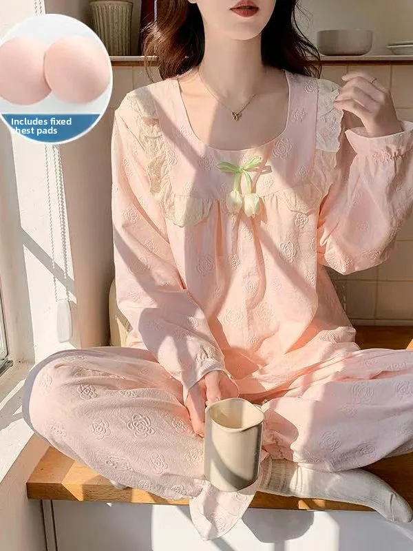 Women's Long Sleeve Sleepwear with Chest Pad Spring Autumn Floral Lace Pink Knot Home Clothes Set Sweet Princess Style
Women's Long Sleeve Sleepwear with Chest Pad Spring Autumn Floral Lace Pink Knot Home Clothes Set Sweet Princess Style