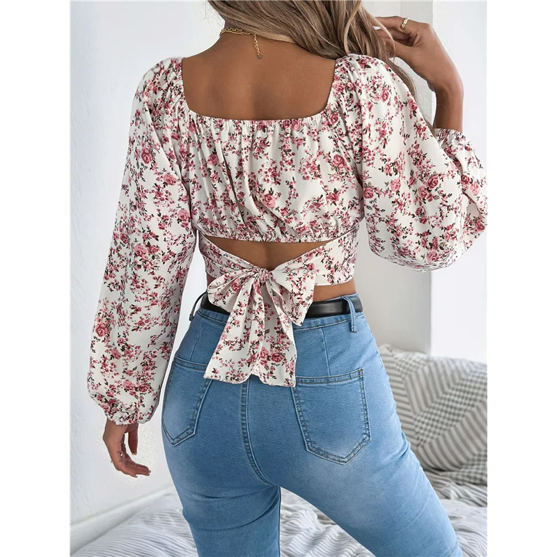 【SEE】Women's Floral Cropped Top Square Neck Tie Backless Shirt Top 
【SEE】Women's Floral Cropped Top Square Neck Tie Backless Shirt Top