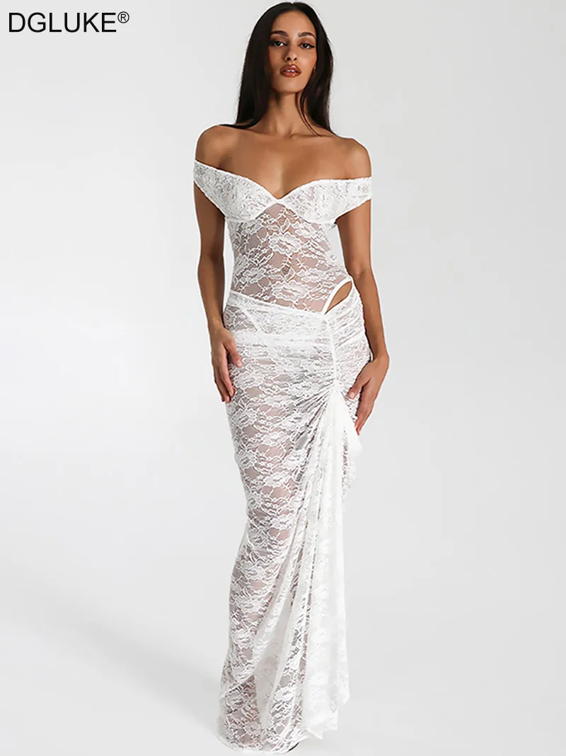 DGLUKE Sexy Lace Outfit Women Off Shoulder Bodysuit Top And Long Skirt Sets Transparent Beach Club Outfits Summer Matching Sets
DGLUKE Sexy Lace Outfit Women Off Shoulder Bodysuit Top And Long Skirt Sets Transparent Beach Club Outfits Summer Matching Sets
