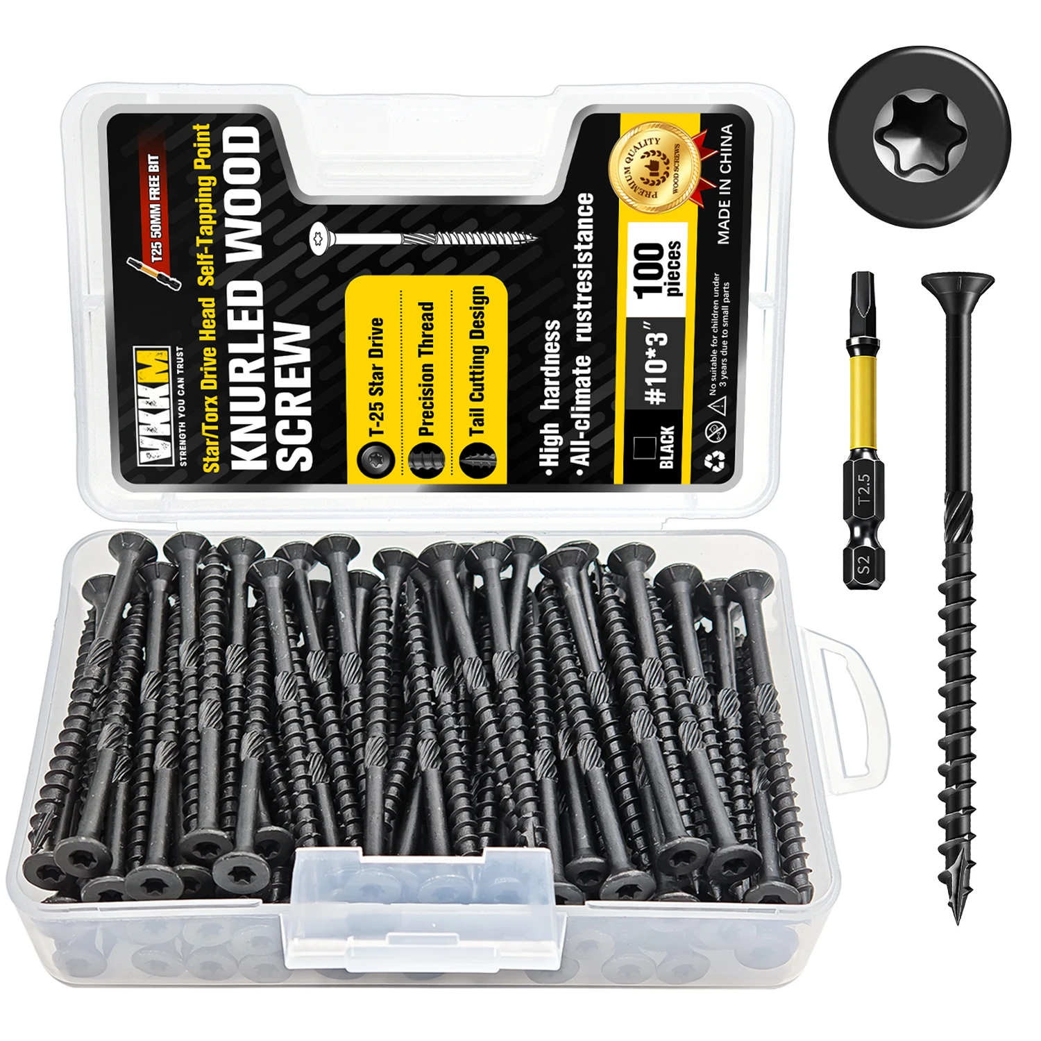 100Pcs T25 Black Knurled Wood Screws #10x2.5" & #10x3", Self Tapping Star Drive with 50mm Free Bit, Heavy Duty Anti-Rust for Deck Furniture DIY
100Pcs T25 Black Knurled Wood Screws #10x2.5" & #10x3", Self Tapping Star Drive with 50mm Free Bit, Heavy Duty Anti-Rust for Deck Furniture DIY