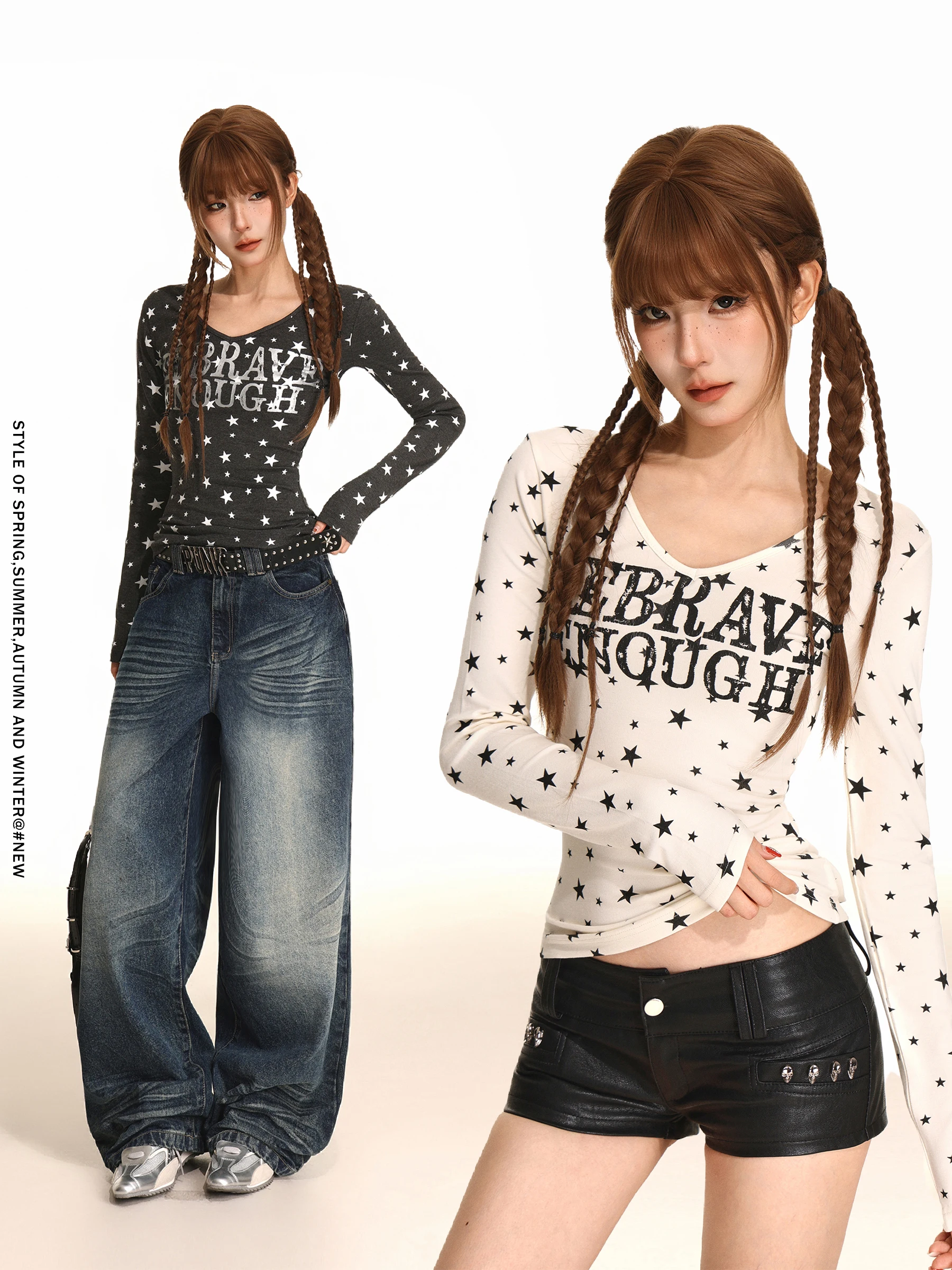 Женская облегающая футболка с v-образным вырезом Sweet And Spicy Girl, осенний топ со звездами и буквенным принтом в стиле ретро, длинный све
Женская облегающая футболка с v-образным вырезом Sweet And Spicy Girl, осенний топ со звездами и буквенным принтом в стиле ретро, длинный све