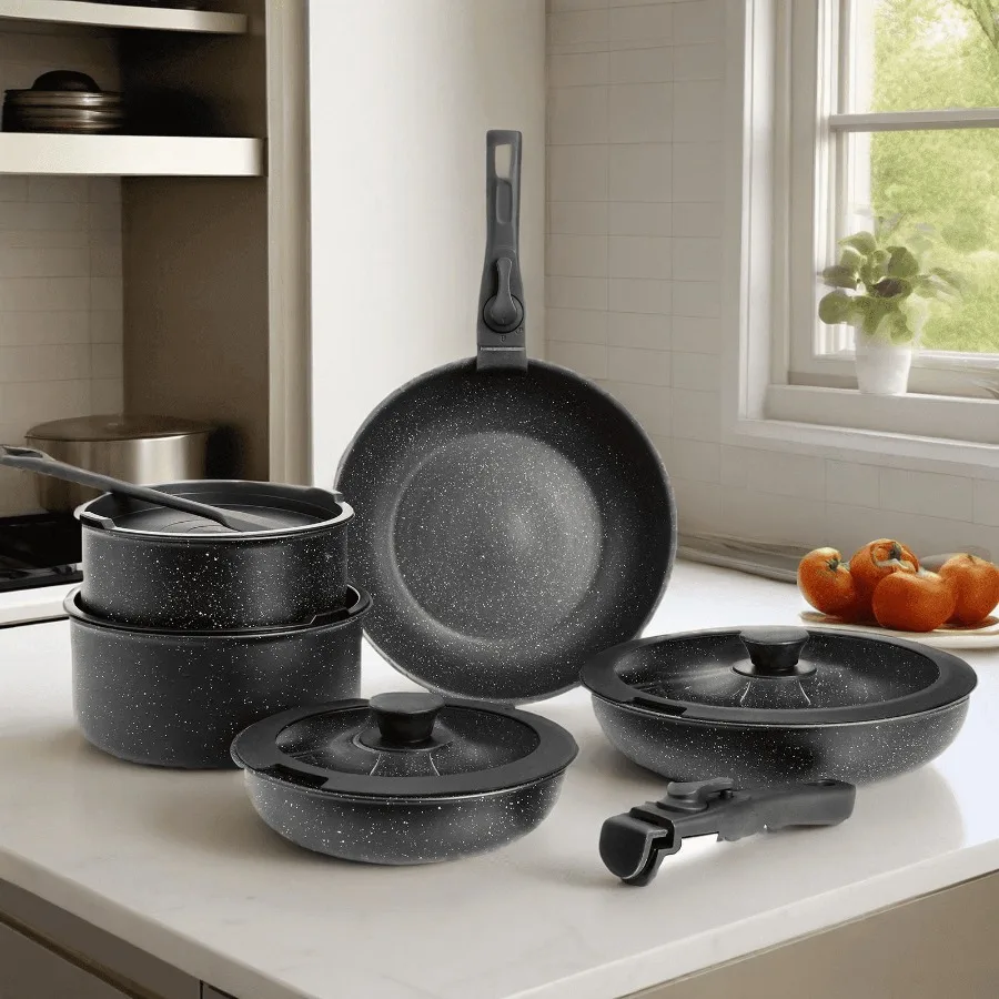 12 Pcs Stackable Pots and Pans Set Nonstick - Kitchen Cookware Set with Detachable Handle, Induction Cookware, Black
12 Pcs Stackable Pots and Pans Set Nonstick - Kitchen Cookware Set with Detachable Handle, Induction Cookware, Black