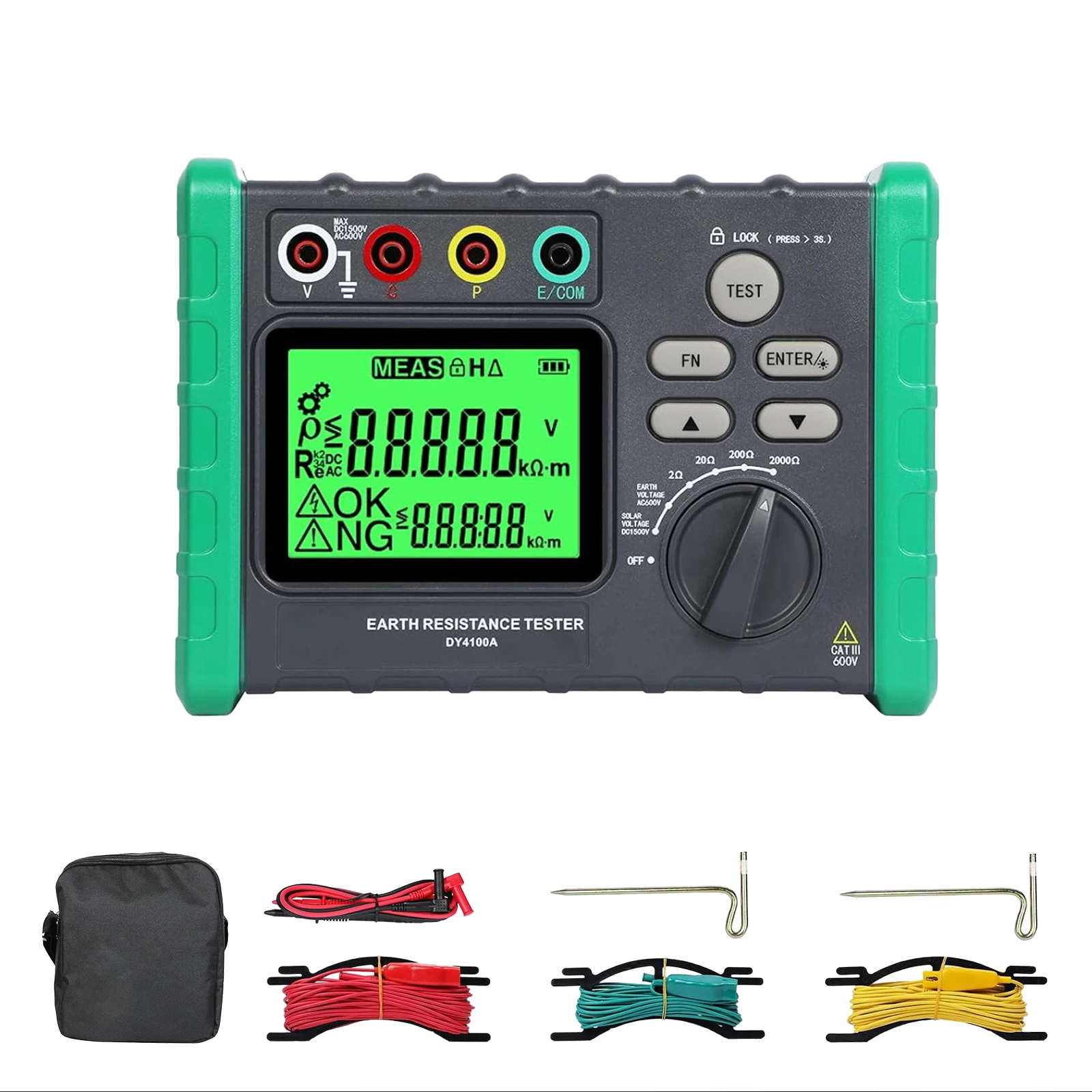 Earth Resistance Tester Digital Grounding Resistance Meter 0.03-2000Ω Ground Resistance Ground Voltage Tester Backlight LCD 0
Earth Resistance Tester Digital Grounding Resistance Meter 0.03-2000Ω Ground Resistance Ground Voltage Tester Backlight LCD 0