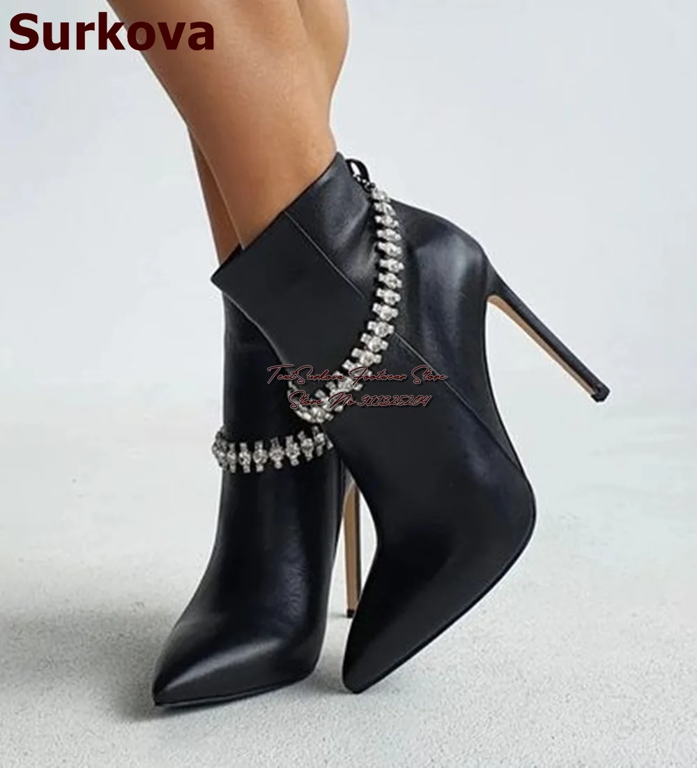 Surkova Silver Crystal Chain Strap Ankle Boots Black Matte Leather Thin High Heel Short Booties Pointed Toe Glitter Rhinestone
Surkova Silver Crystal Chain Strap Ankle Boots Black Matte Leather Thin High Heel Short Booties Pointed Toe Glitter Rhinestone