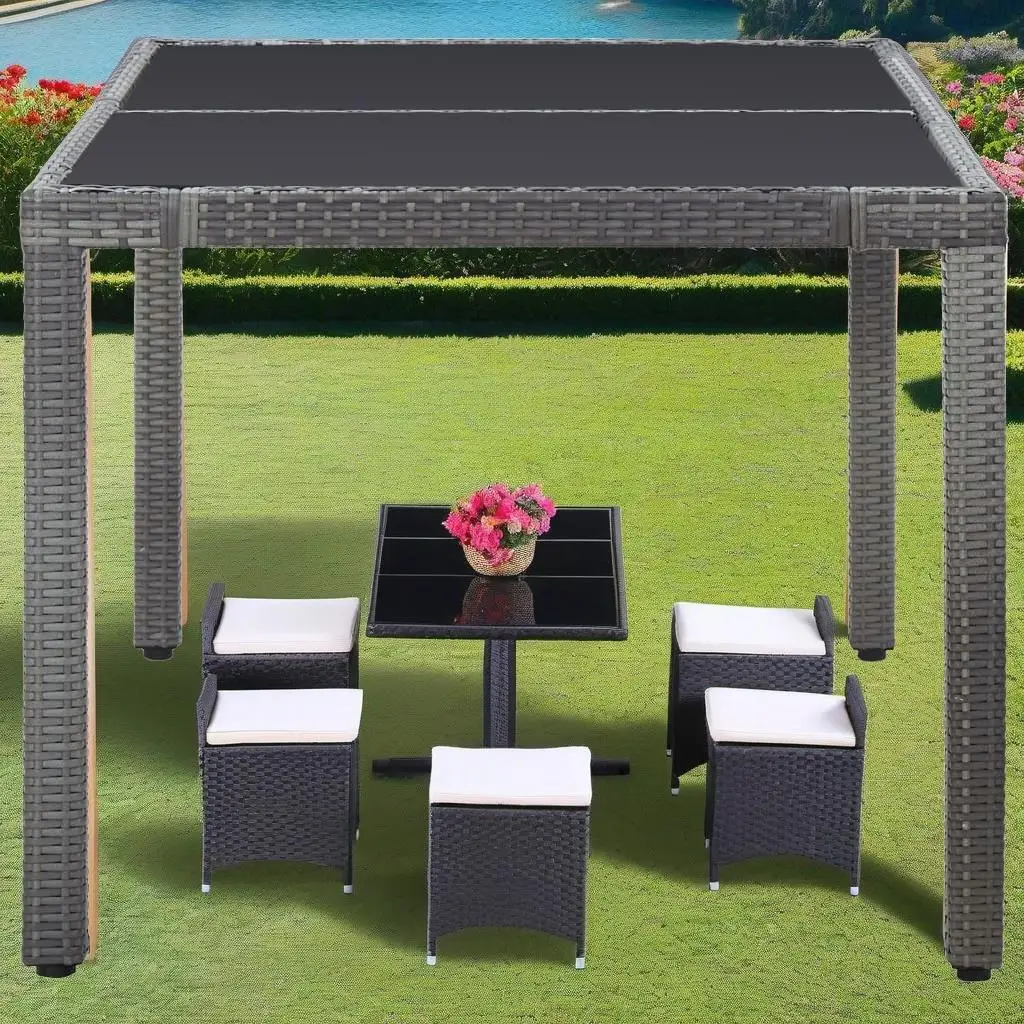 7-Piece Gray Poly Rattan Patio Dining Set - Outdoor Furniture Set for Garden & Balcony
7-Piece Gray Poly Rattan Patio Dining Set - Outdoor Furniture Set for Garden & Balcony