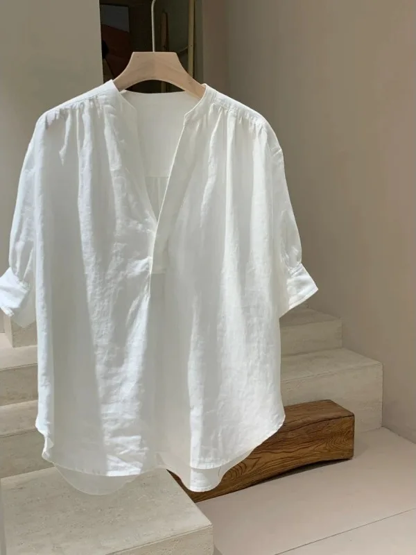 White Linen Casual Shirt Half Open V-Neck Loose Fit Summer New Style Breathable Casual Versatile Top for plus Size Women
White Linen Casual Shirt Half Open V-Neck Loose Fit Summer New Style Breathable Casual Versatile Top for plus Size Women
