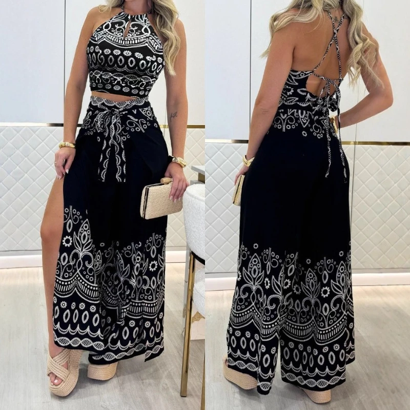 Women's 2 Pieces Outfits Tribal Print Keyhole Neck Sleeveless Top & Casual Wide Leg Tied Detail Slit Pants Sets New Fashion 2025
Women's 2 Pieces Outfits Tribal Print Keyhole Neck Sleeveless Top & Casual Wide Leg Tied Detail Slit Pants Sets New Fashion 2025