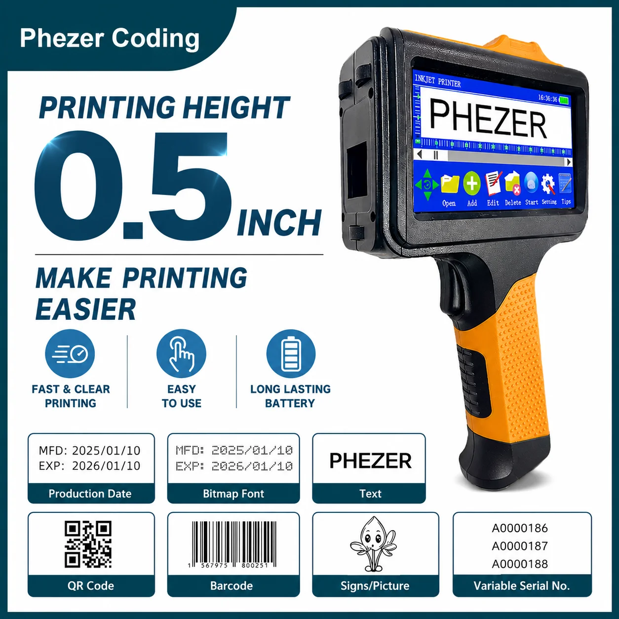 Phezer 2025 New P19 Orange Handheld Inkjet Printer 12.7mm Portable Printer QR Bar Batch Code Date Number Logo Expiry Date Label
Phezer 2025 New P19 Orange Handheld Inkjet Printer 12.7mm Portable Printer QR Bar Batch Code Date Number Logo Expiry Date Label