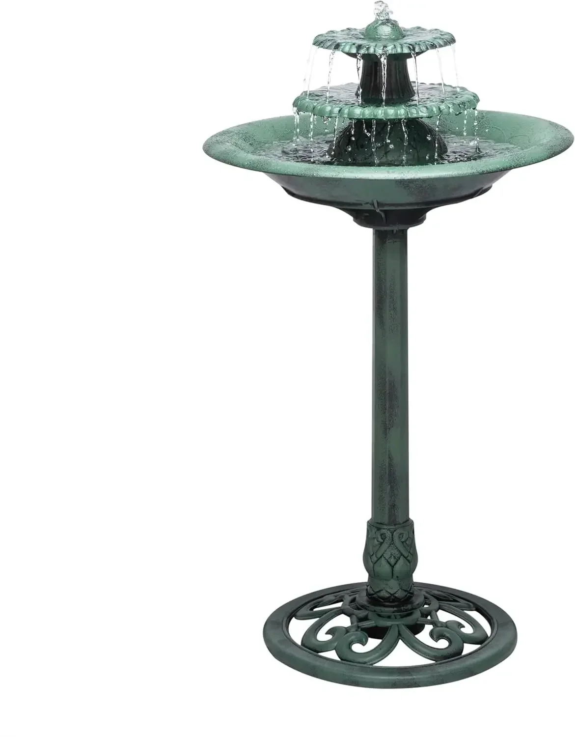 35" tall 3-tier outdoor pedestal water fountain with cascading flow & birdbath, green.
35" tall 3-tier outdoor pedestal water fountain with cascading flow & birdbath, green.