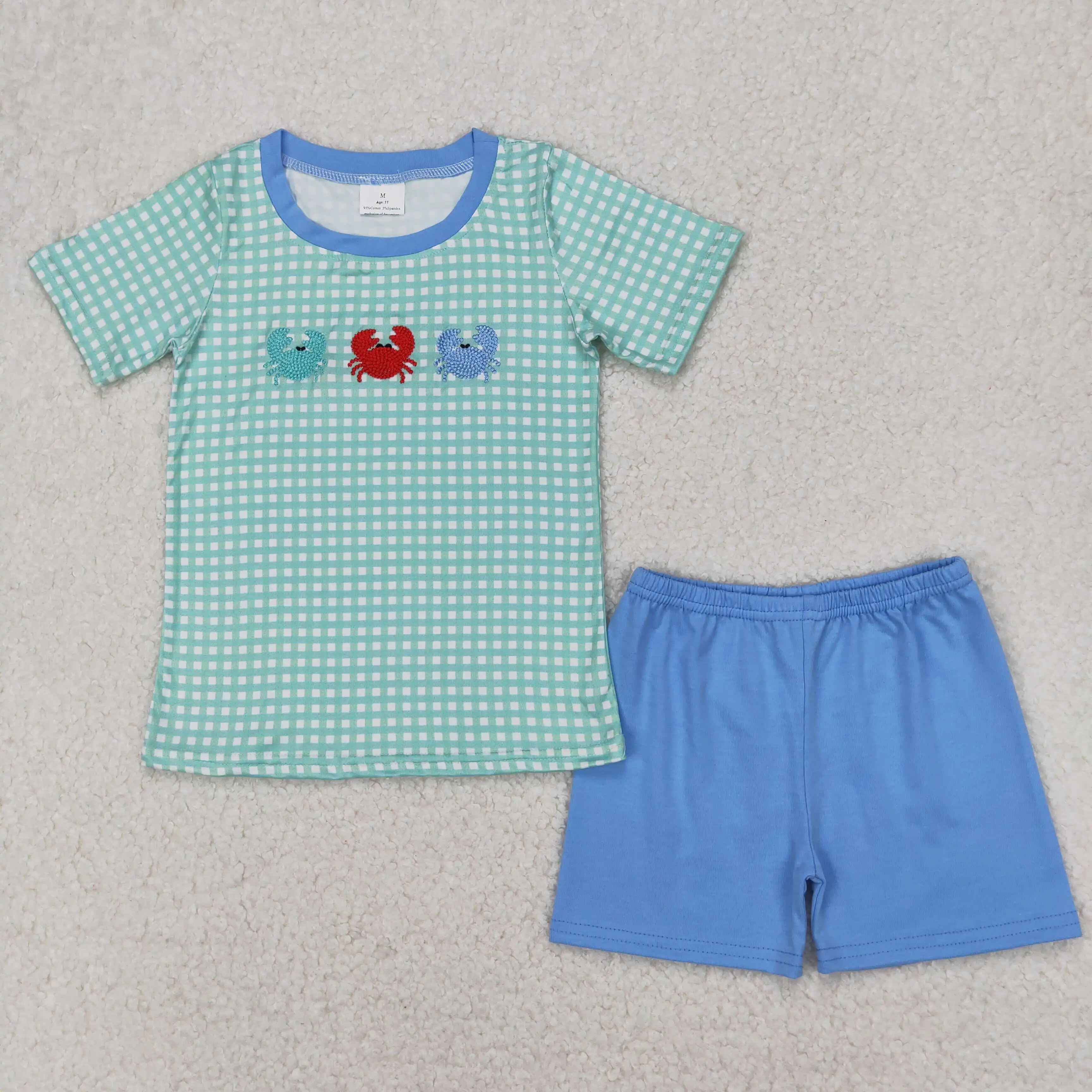 3.27y NEW stock Infant Summer Boys Clothing Wholesale Boutique Embroidered Crab Green Plaid Short Sleeve Blue Shorts Suit
3.27y NEW stock Infant Summer Boys Clothing Wholesale Boutique Embroidered Crab Green Plaid Short Sleeve Blue Shorts Suit