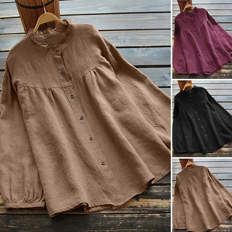 Women Shirt Solid Blouses Oversize Ruffle Hem Long Sleeve Round Neck Single Breasted None Strech Loose Casual Office 2026 Autumn
Women Shirt Solid Blouses Oversize Ruffle Hem Long Sleeve Round Neck Single Breasted None Strech Loose Casual Office 2026 Autumn