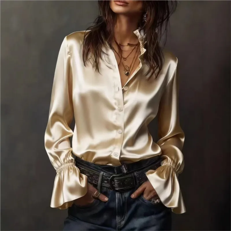Women's Solid Satin Long Sleeve Shirt 2026 New Ruffled Cuff Collared Buttons-Up Slim Fit Elegant Shirts & Blouses Spring Shirt
Women's Solid Satin Long Sleeve Shirt 2026 New Ruffled Cuff Collared Buttons-Up Slim Fit Elegant Shirts & Blouses Spring Shirt