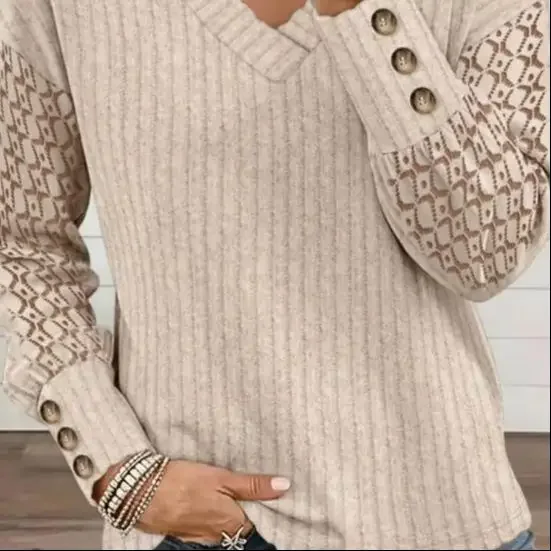 Women V-Neck Lace Spliced Long Sleeve Ribbed Tee Female Daily Clothing New Style Casual Button Decor Cuffs Knitted Brushed Top
Women V-Neck Lace Spliced Long Sleeve Ribbed Tee Female Daily Clothing New Style Casual Button Decor Cuffs Knitted Brushed Top