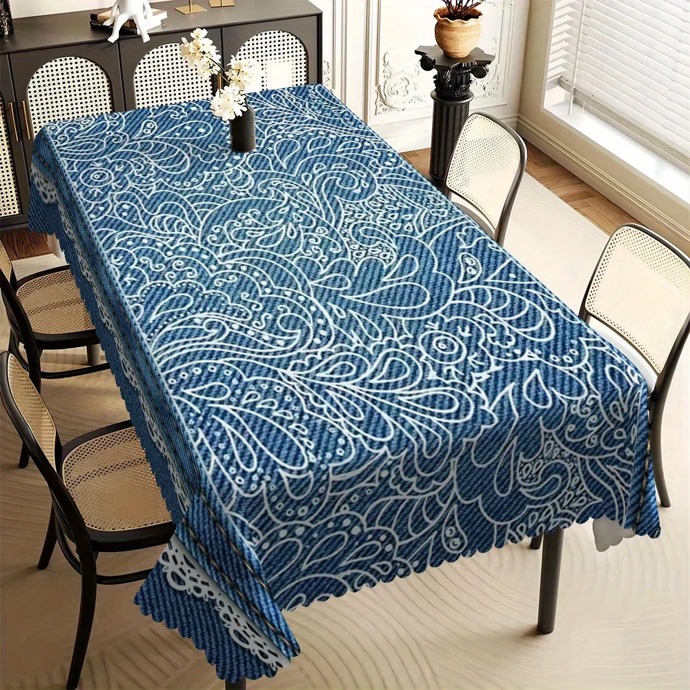 Bohemian Blue Paisley Tablecloth, White Floral Swirl Print on Denim Texture, Scalloped Edge, Stain Resistant for Dining Room
Bohemian Blue Paisley Tablecloth, White Floral Swirl Print on Denim Texture, Scalloped Edge, Stain Resistant for Dining Room