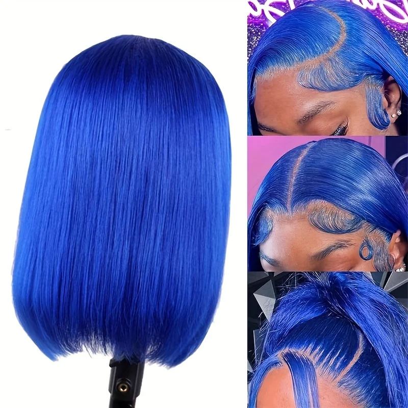 180% Density 13x4 Lace Frontal Lace Short Bob Wig Natural Hairline Human Virgin Hair Transparent Lace Baby Hair Blue Color 
180% Density 13x4 Lace Frontal Lace Short Bob Wig Natural Hairline Human Virgin Hair Transparent Lace Baby Hair Blue Color