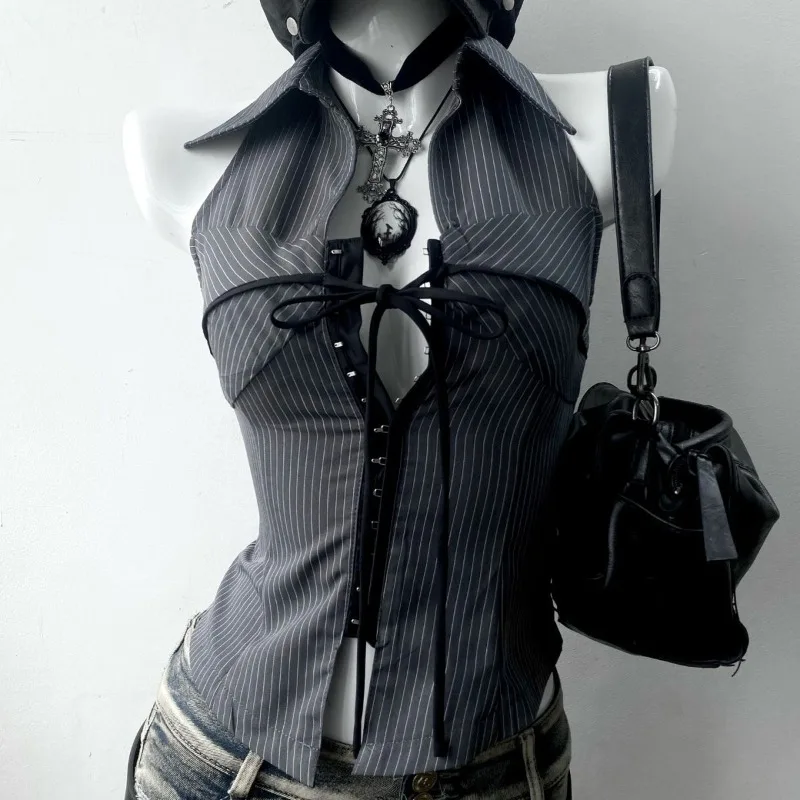 Deeptown Vintage Gray Striped Shirts Women Y2k Sexy Punk Lace Up Sleeveless Crop Blouses Harajuku American 90s Style Slim Gyaru
Deeptown Vintage Gray Striped Shirts Women Y2k Sexy Punk Lace Up Sleeveless Crop Blouses Harajuku American 90s Style Slim Gyaru