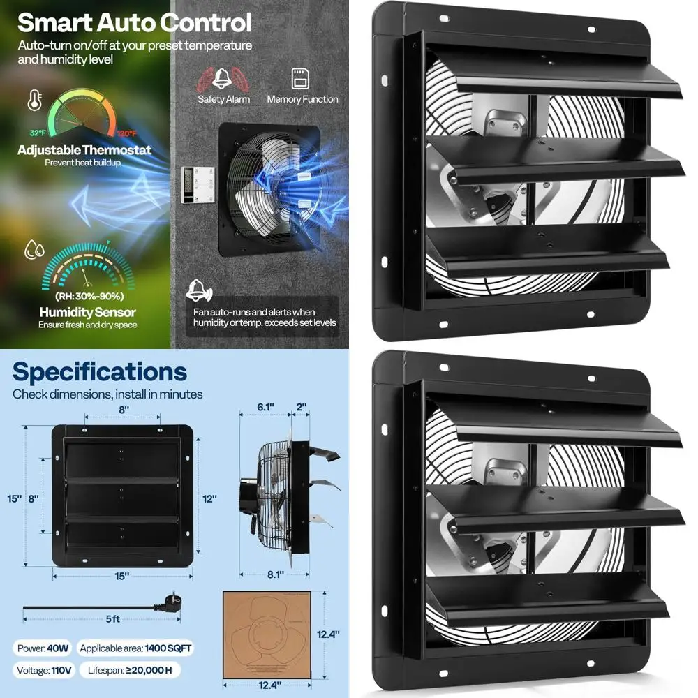 12 EC Motor Shutter Exhaust Fan with 1300 CMH, Variable Speed, Timer, Suitable for Wall, Attic, Garage, Greenhouse, and Barn Ven
12 EC Motor Shutter Exhaust Fan with 1300 CMH, Variable Speed, Timer, Suitable for Wall, Attic, Garage, Greenhouse, and Barn Ven