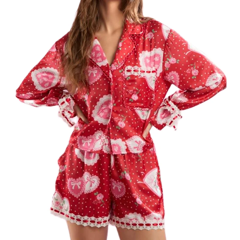 2 Piece Set Heart Print Lace Trim Button Up Blouse Shirt Tops + Shorts Valentine's Day Pajamas Women Slik Satin Lounge Sleepwear
2 Piece Set Heart Print Lace Trim Button Up Blouse Shirt Tops + Shorts Valentine's Day Pajamas Women Slik Satin Lounge Sleepwear