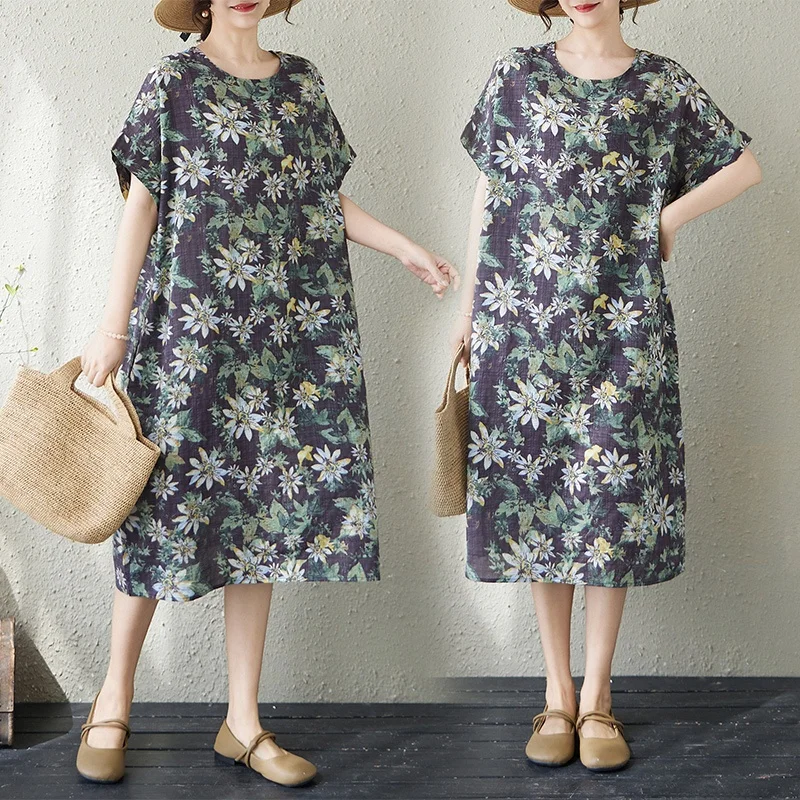 Summer New plus Size Women's Cotton Linen Print Dress Knee-Length Short Sleeve Artistic Style Citywalk Straight Cut Midi Dress
Summer New plus Size Women's Cotton Linen Print Dress Knee-Length Short Sleeve Artistic Style Citywalk Straight Cut Midi Dress