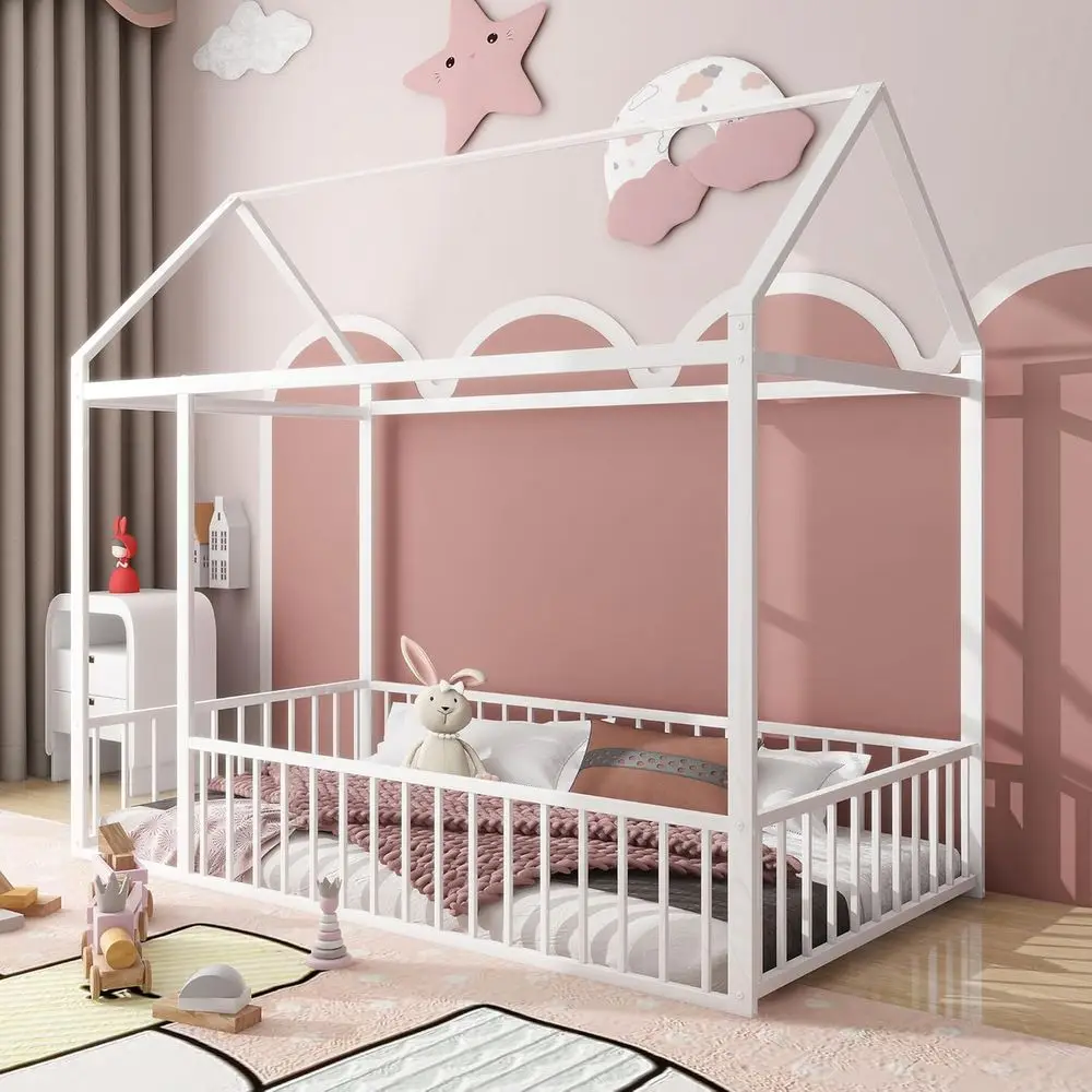 Twin Size Metal Floor Bed with Playhouse for Kids, White
Twin Size Metal Floor Bed with Playhouse for Kids, White