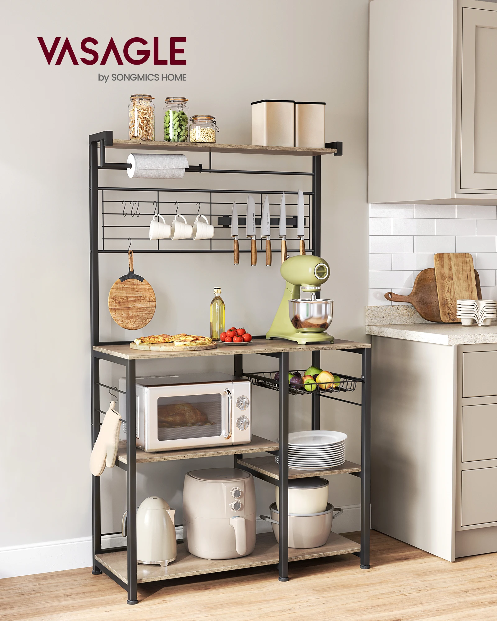 VASAGLE Bakers Rack with Magnetic Knife Holder, Paper Holder, Wire Basket, 8 Hooks, Organizers and Storage
VASAGLE Bakers Rack with Magnetic Knife Holder, Paper Holder, Wire Basket, 8 Hooks, Organizers and Storage