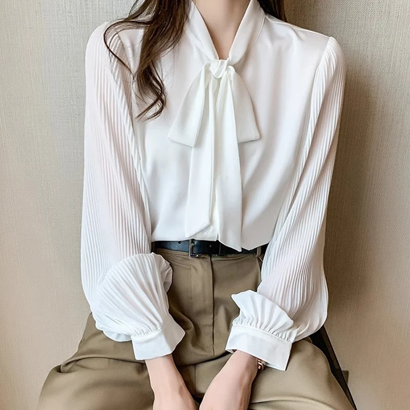 New Pleated Sleeve Chiffon Blouse Women Spring Summer Chic Design Bowknot Lace-Up Long Sleeve Shirt Simple Professional Clothing
New Pleated Sleeve Chiffon Blouse Women Spring Summer Chic Design Bowknot Lace-Up Long Sleeve Shirt Simple Professional Clothing