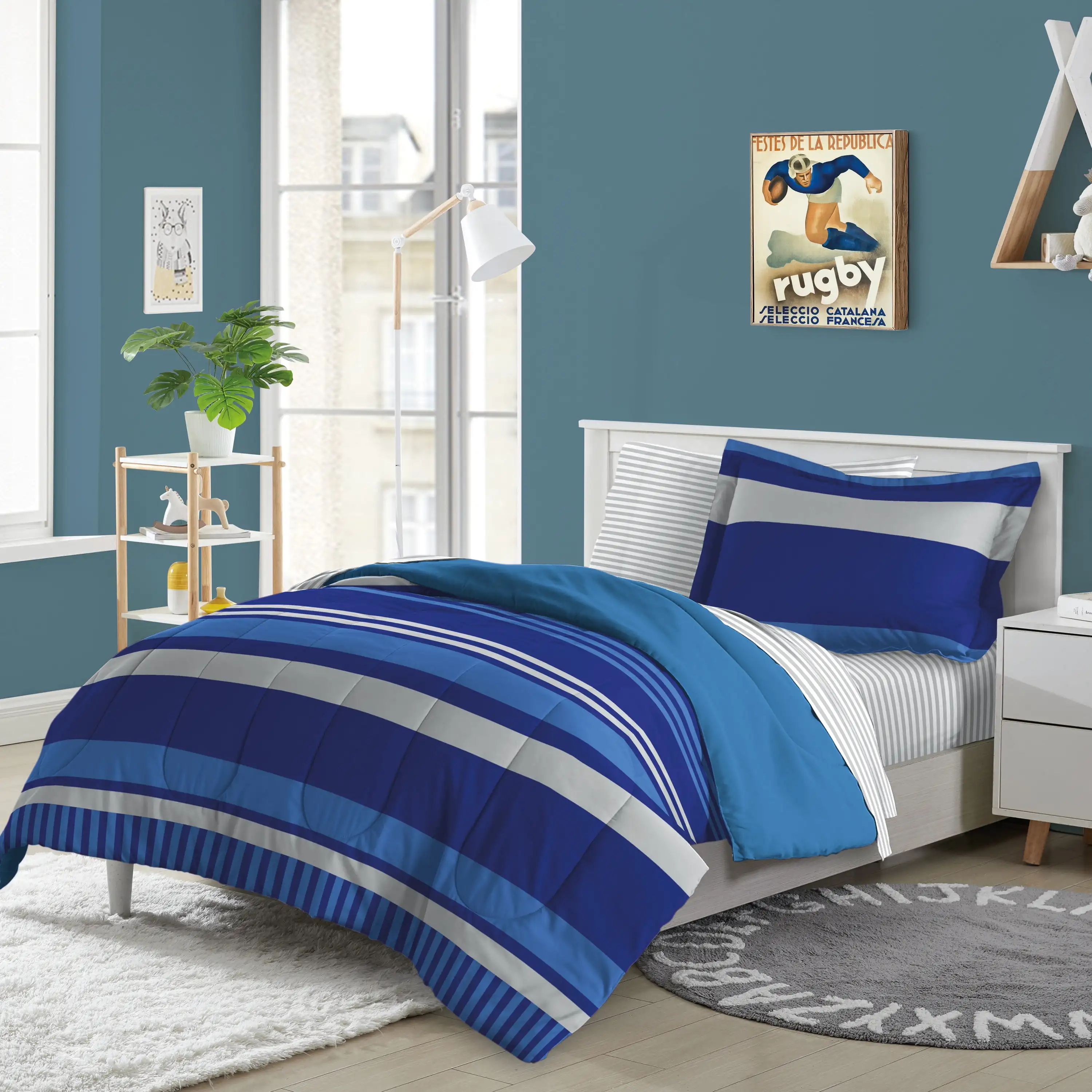 Rugby Stripe 7-Piece Comforter Set Microfiber Polyester Blue Unisex Kids Bedding
Rugby Stripe 7-Piece Comforter Set Microfiber Polyester Blue Unisex Kids Bedding