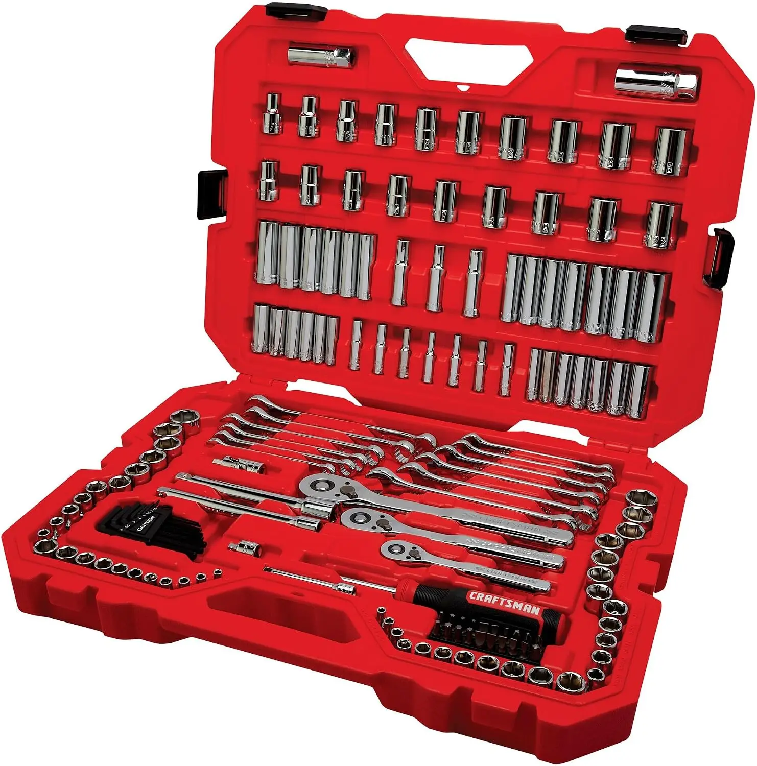 159-Piece Socket Wrench Set, 1/4-in, 3/8-in, 1/2-in, 6 & 12 Point, 72-Tooth Ratchet, Full Polish Chrome, Blow Molded Case
159-Piece Socket Wrench Set, 1/4-in, 3/8-in, 1/2-in, 6 & 12 Point, 72-Tooth Ratchet, Full Polish Chrome, Blow Molded Case