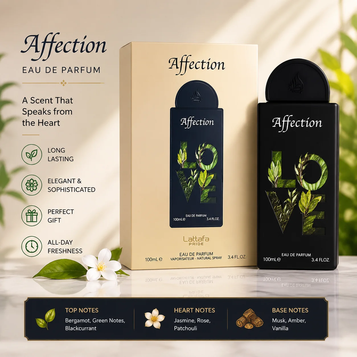 Pride Affection EDP 100ml - Long Lasting Fresh Green Woody Fragrance Unisex - Unique LOVE Bottle Design Perfume Gift
Pride Affection EDP 100ml - Long Lasting Fresh Green Woody Fragrance Unisex - Unique LOVE Bottle Design Perfume Gift