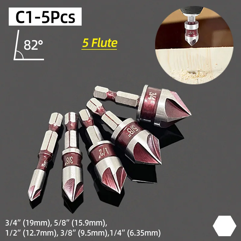 5Pcs 82 Degree Hex Shank Countersink Drill Bit Set 1/4"-3/4" Chamfering Deburring Tool Wood Plastic Quick Change Chamfer Cutter
5Pcs 82 Degree Hex Shank Countersink Drill Bit Set 1/4"-3/4" Chamfering Deburring Tool Wood Plastic Quick Change Chamfer Cutter