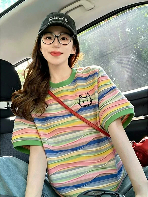 plus Size 300 Pounds Dopaamine Striped Short Sleeve T-Shirt Women Summer Loose Slimming Versatile Anti-aging Top Korean Style...
plus Size 300 Pounds Dopaamine Striped Short Sleeve T-Shirt Women Summer Loose Slimming Versatile Anti-aging Top Korean Style...