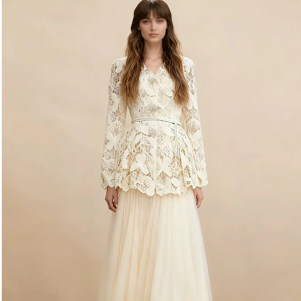 Elegant High Waist Lace Long Sleeve Shirt Set with V-Neck Vest And Midi Skirt Three Piece Women's Fashion Ensemble
Elegant High Waist Lace Long Sleeve Shirt Set with V-Neck Vest And Midi Skirt Three Piece Women's Fashion Ensemble