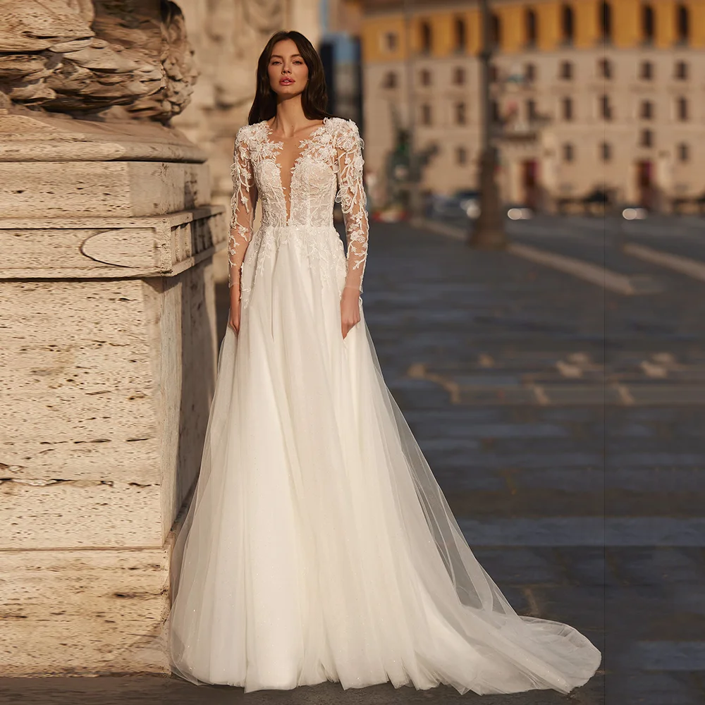 Customized Elegant Sheer Neck Appliques Lace Tulle Weeding Dress Court Wedding Party Gown Long Illusion Sleeve Vestido De Novia
Customized Elegant Sheer Neck Appliques Lace Tulle Weeding Dress Court Wedding Party Gown Long Illusion Sleeve Vestido De Novia