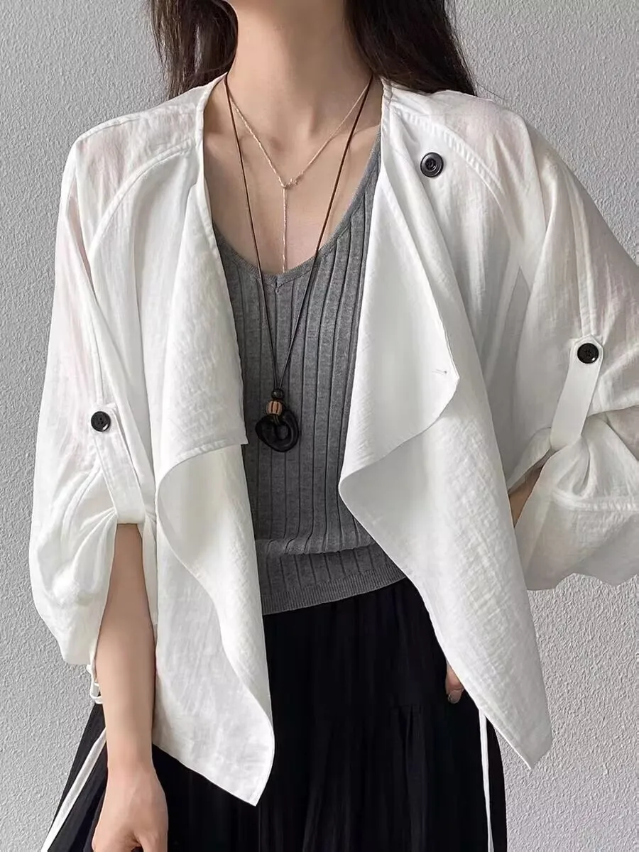 Office Lady Pile Up Sleeves Cotton Linen Tops Summer Women Sun Protection Shirt Coat Large Collar Seven Sleeve Outerwear J078
Office Lady Pile Up Sleeves Cotton Linen Tops Summer Women Sun Protection Shirt Coat Large Collar Seven Sleeve Outerwear J078