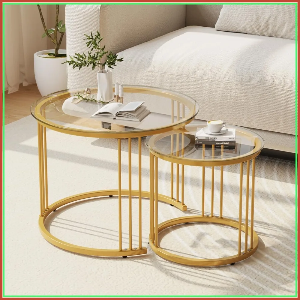 Set of 2 Nesting Coffee Tables, 23.6" Round Glass & Metal, Living Room Balcony Gold
Set of 2 Nesting Coffee Tables, 23.6" Round Glass & Metal, Living Room Balcony Gold