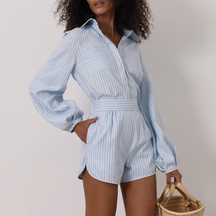 European American Casual Fashion Striped Shirt Set, Women's Turn-Down Collar Long-Sleeve Pocket Cardigan Top And Shorts
European American Casual Fashion Striped Shirt Set, Women's Turn-Down Collar Long-Sleeve Pocket Cardigan Top And Shorts
