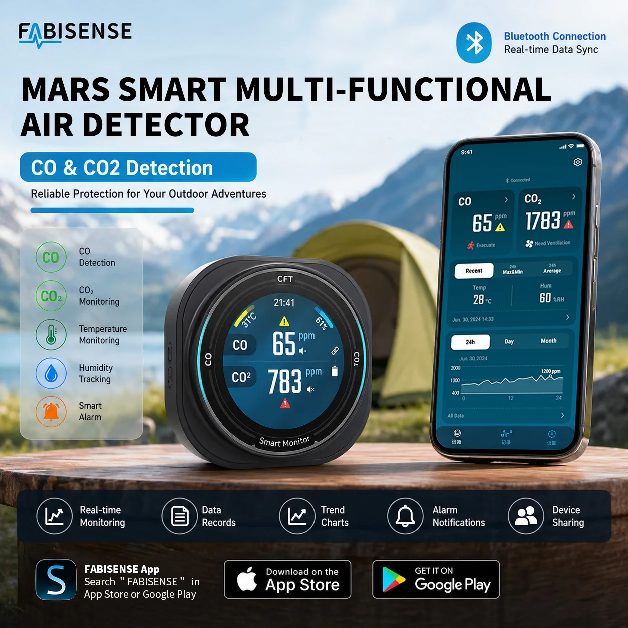FABISENSE Portable Air Quality detector Rechargeable Camping Alarm with LCD Display CO2 Monitor Smart Outdoor Detector
FABISENSE Portable Air Quality detector Rechargeable Camping Alarm with LCD Display CO2 Monitor Smart Outdoor Detector