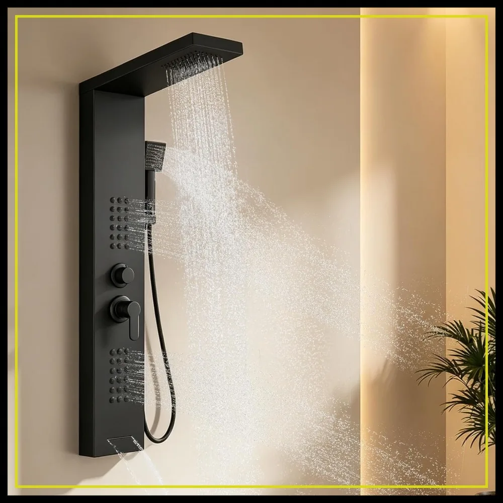 Matte Black Shower Panel Tower with Rainfall Head, 6 Body Jets, Handheld & Tub Spout, High Pressure Stainless Steel
Matte Black Shower Panel Tower with Rainfall Head, 6 Body Jets, Handheld & Tub Spout, High Pressure Stainless Steel