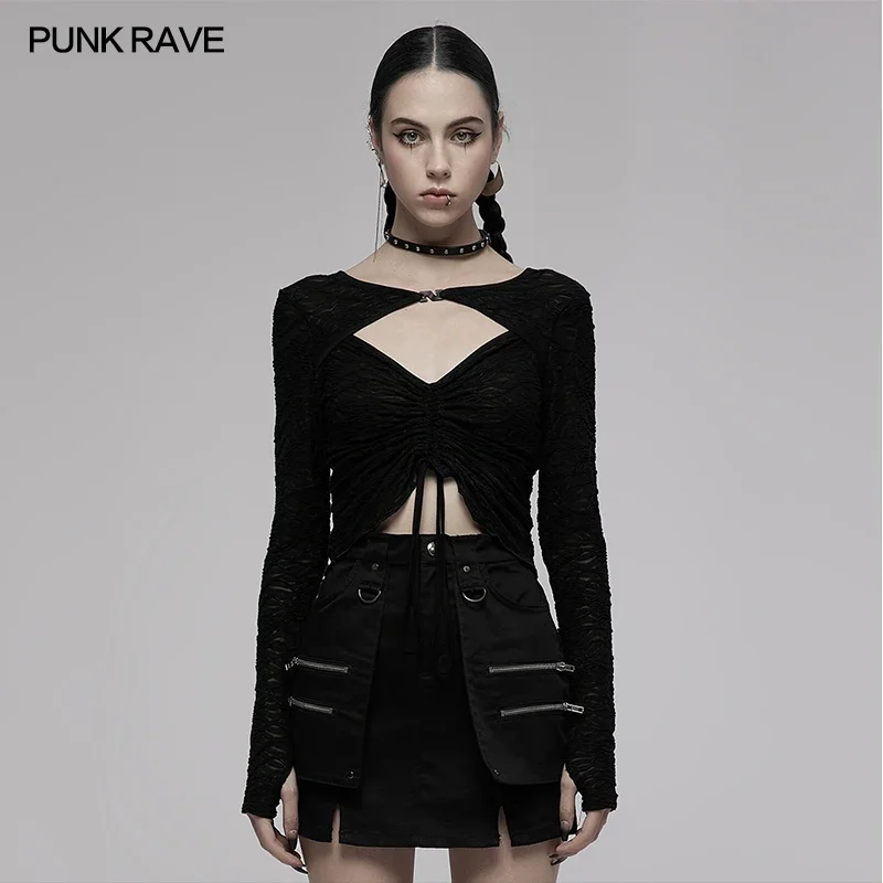 PUNK RAVE Women's Gothic Daily Drawstring Two-wear Jacquard Texture Fabric Long-sleeve T-shirt Black Sexy Tops Spring/Autumn
PUNK RAVE Women's Gothic Daily Drawstring Two-wear Jacquard Texture Fabric Long-sleeve T-shirt Black Sexy Tops Spring/Autumn