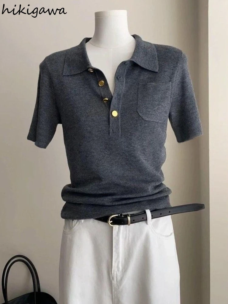 Women Clothing Knitted T Shirts 2025 Ropa Mujer Turndown Collar Short Sleeve Camisetas Fashion Korean Summer Tunic T-shirt Tops
Women Clothing Knitted T Shirts 2025 Ropa Mujer Turndown Collar Short Sleeve Camisetas Fashion Korean Summer Tunic T-shirt Tops