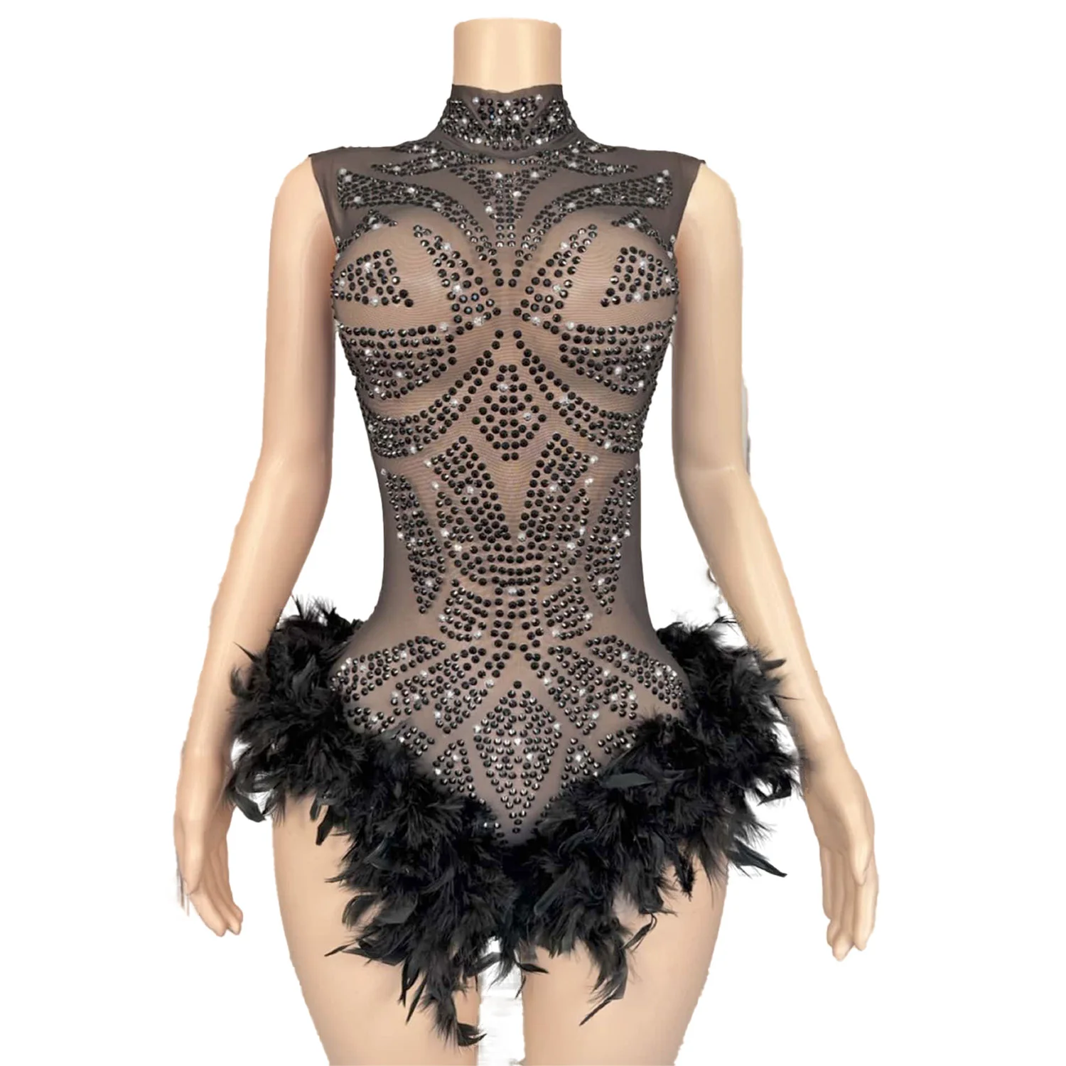 Sexy Black Mesh Ballet Costume Shiny Diamond Feathers Hem High Neck Sleeveless Jumpsuit Nightclub Party Performance Outfit wuya 
Sexy Black Mesh Ballet Costume Shiny Diamond Feathers Hem High Neck Sleeveless Jumpsuit Nightclub Party Performance Outfit wuya