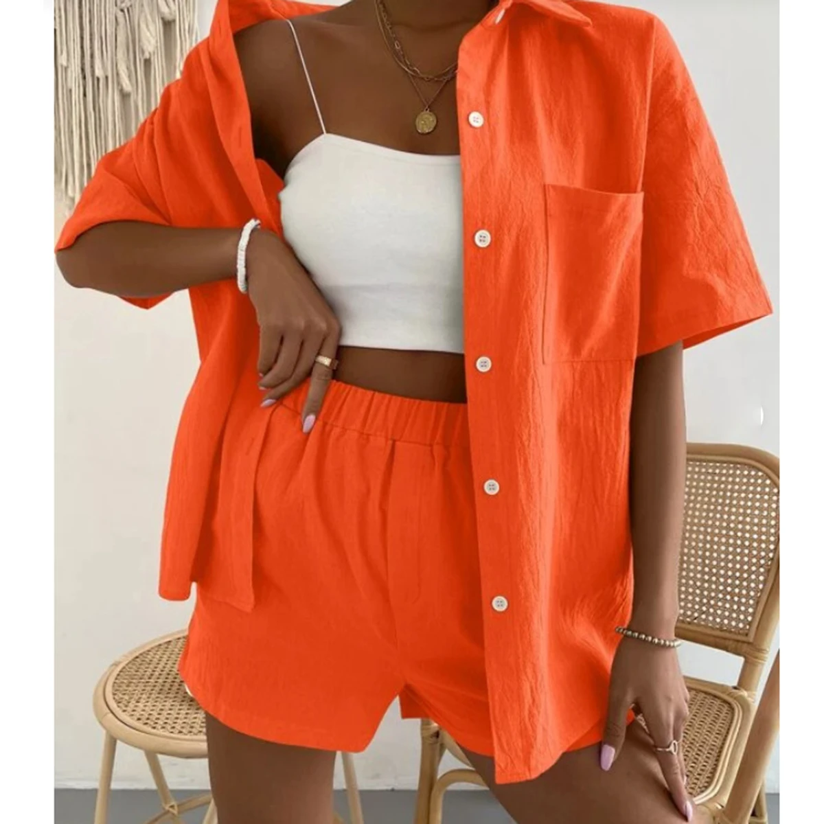 Long Sleeve Single-breasted Top + Broad-legged Shorts Set Fashion Ladies Sexy Solid Suits 2023 Summer 2 Piece Outfits For Women
Long Sleeve Single-breasted Top + Broad-legged Shorts Set Fashion Ladies Sexy Solid Suits 2023 Summer 2 Piece Outfits For Women