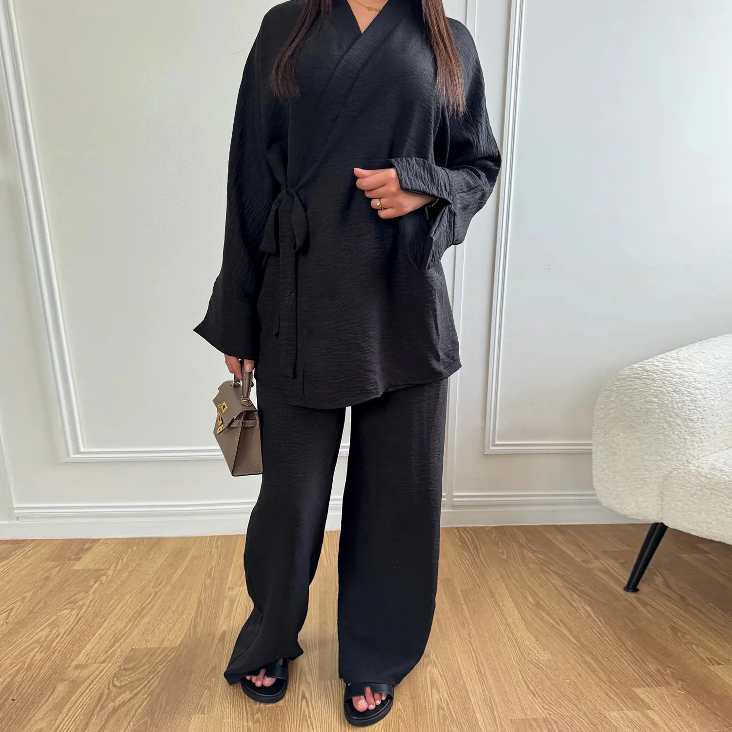 Women Muslim Matching Set Islam Clothing Outifits Blouse Trousers Suit Kimono Lace Up Tops Pants Dubai Femme Musulmane Ensembles
Women Muslim Matching Set Islam Clothing Outifits Blouse Trousers Suit Kimono Lace Up Tops Pants Dubai Femme Musulmane Ensembles