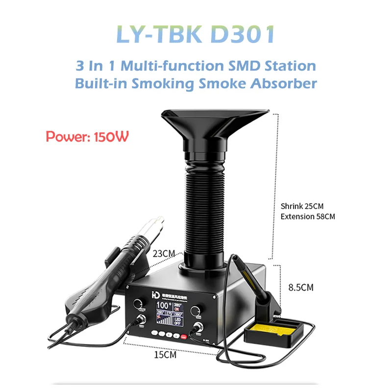 LY-TBK D301 3 In 1 Multi-function Digital Intelligent Constant Temperature Soldering Iron Hot Air Gun SMD Station Built-in Smok
LY-TBK D301 3 In 1 Multi-function Digital Intelligent Constant Temperature Soldering Iron Hot Air Gun SMD Station Built-in Smok